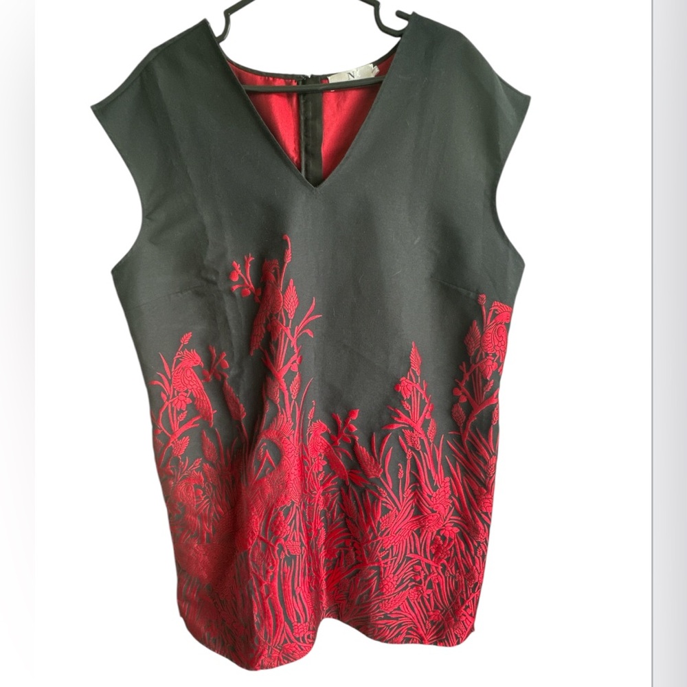 Natori Women’s Peacock Print Sleeveless Red & Black Midi Shift Dress Size 1X